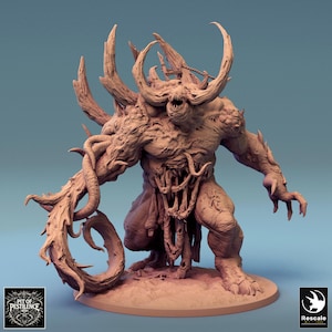 May include: A detailed, 3D printed miniature of a monstrous creature with a fleshy, gnarled body, sharp horns, and long, twisted appendages. The creature is posed in a menacing stance, with its claws extended. The miniature is painted in a muted brown color, giving it a realistic and grotesque appearance.