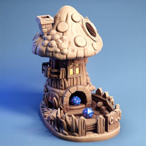 May include: A whimsical mushroom-shaped dice tower in shades of beige and brown, featuring a chimney, windows, and a small arched doorway. Two blue dice with pink dots are visible inside the tower. The tower is set against a light blue background.