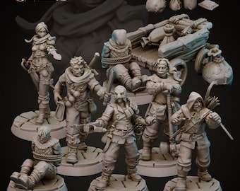 May include: A set of eight miniature figures, including a hooded figure, a woman with a sword, a man with a beard, a man with a mask, a man with a hammer, a man with a bow and arrow, and two figures tied up with rope. The figures are painted in a gray color and are standing on round bases. The figures are part of a tabletop game or role-playing game.