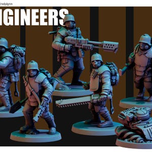 May include: Miniature figurines of soldiers in military uniforms, helmets, and gas masks. The figures are in various poses, some holding weapons like a chainsaw and a large gun. The word "ENGINEERS" is at the top of the image.