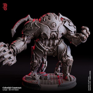 May include: A detailed, grey Celestial Construct miniature figure. The figure has a mechanical appearance with armour plating, a large weapon on one arm, and a detailed base. The text "Celestial Construct" and "Large - 50 mm base" are visible.