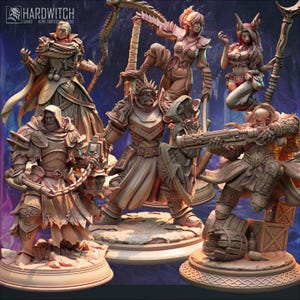 May include: A selection of fantasy figurines depicting warriors and mythical beings. The figures are in dynamic poses, showcasing detailed armour and weapons. The Hardwitch Games logo is displayed in the top left corner.