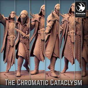 May include: A collection of tan-coloured miniature figures of a hooded warrior, each with distinct poses and armour. The figures are standing on a textured surface, with the text "THE CHROMATIC CATACLYSM" at the bottom.