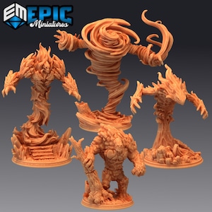 May include: Four miniature figurines of elemental creatures: a fire elemental, a wind elemental, an earth elemental, and a water elemental. The figurines are made of a light brown plastic and are posed in dynamic stances.