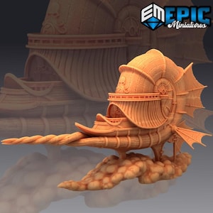 May include: A detailed, orange-tan miniature of a fantastical airship. The design incorporates elements of a seashell, a ship, and a steampunk aesthetic. The airship has a long, spiraling horn-like structure extending from the front and is supported by cloud-like formations.