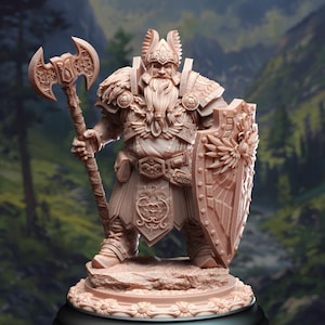 May include: A detailed miniature figurine of a dwarf warrior, wearing ornate armor and holding a large axe and shield. The dwarf has a long white beard and a stern expression.