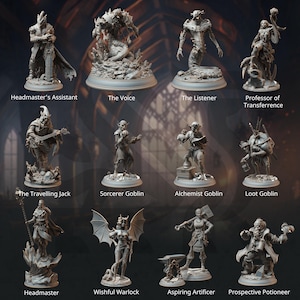 May include: A set of 12 miniature figurines, painted in grey, depicting various characters and creatures. The figurines are arranged in a grid pattern on a dark background.