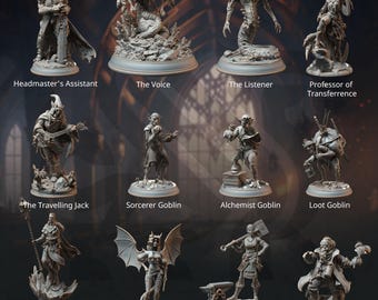 May include: A set of 12 miniature figurines, painted in gray, depicting various characters and creatures. The figurines are arranged in a grid pattern on a dark background.