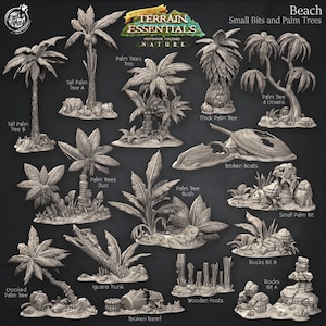 May include: A set of 3D printed miniature palm trees and beach scenery for tabletop gaming. The set includes various palm trees, rocks, broken boats, and wooden posts. The set is designed for use with tabletop games like Dungeons and Dragons.