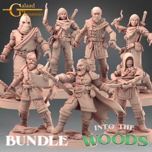 Può includere: Un set di miniature, probabilmente per giochi da tavolo. Le figure sono raffigurate in pose dinamiche, imbracciando armi come asce, spade e balestre. Le figure sono di colore neutro, con abiti e accessori dettagliati. Il testo "BUNDLE" e "INTO THE WOODS" è visibile.