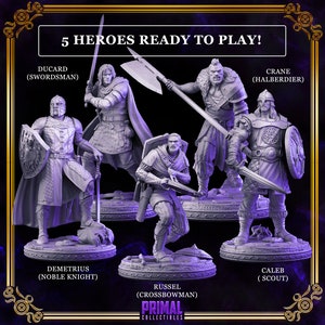 Può includere: Cinque miniature di eroi fantasy, ognuna con un'arma e una posa uniche. Le miniature sono dipinte di grigio e si trovano su basi circolari. Il testo "5 HEROES READY TO PLAY!" è in cima all'immagine. Il testo sotto ogni miniatura identifica il nome dell'eroe e il suo ruolo, come "DUCARD (SWORDSMAN)".