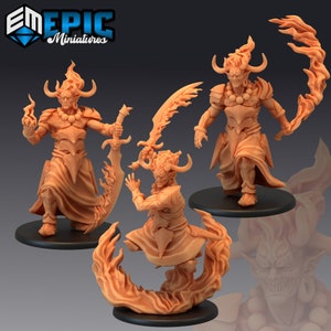 May include: Four miniature figures of a demon with horns and flames. The figures are painted in a light orange colour and are posed in different action poses. The figures are standing on black bases.