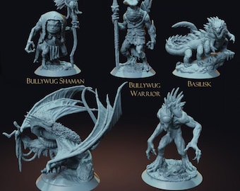 May include: A collection of five fantasy miniature figures, including a Bullywug Shaman, Bullywug Warrior, Basilisk, Amphiptere, and Nothic. The figures are light blue and stand on individual bases. The word "MONSTERS - M" is at the top.