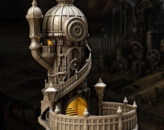 May include: A beige, three-dimensional clock tower structure featuring a domed top, a circular clock face, an external spiral staircase, and a fenced base with a lit entrance. The design includes intricate piping, gears, and two lamp posts.
