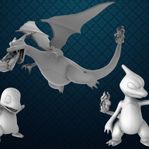 May include: Three gray plastic figurines of Pokemon characters. The largest figurine is a Charizard, a dragon-like Pokemon with wings and a tail with flames. The other two figurines are smaller and are of the Pokemon Charmander and Charmeleon.