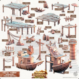 May include: A collection of 3D printed miniature pirate ship and harbor structures, including a lighthouse, boat, stairs, platforms, and ropes. The set is designed for tabletop gaming and role-playing.