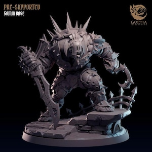 May include: A grey, pre-supported, 3D printed miniature of a heavily armoured, spiky, humanoid figure holding a sword. The figure stands on a 50mm base with a stone-like texture. The miniature is labelled "Goetia Miniatures".