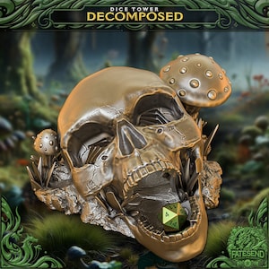 May include: A gold skull dice tower with a green and gold dice inside the mouth. The skull is surrounded by a base of rock and two mushrooms.