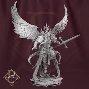 May include: A detailed, gray figurine of a winged warrior with a sword. The figure has elaborate armor, long flowing hair, and large, feathered wings. The base is a textured platform. The overall design suggests a fantasy or mythological theme.