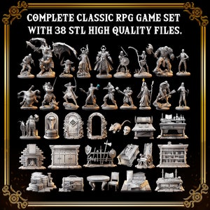 Op de afbeelding: Een set van 38 3D-geprinte miniaturen voor tabletop role-playing games. De set bevat een verscheidenheid aan personages, monsters en objecten, allemaal in een klassieke stijl weergegeven. De miniaturen zijn geprint in lichtgrijs plastic en zijn klaar om te worden geschilderd.