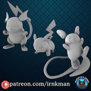 May include: Three gray 3D printed figurines of a Pokemon character. The character is depicted in three different poses. The character has a lightning bolt on its head and a long tail.