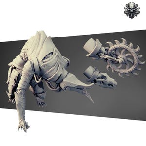 May include: A detailed, grey, 3D printed model of a creature with a skeletal head and a mechanical body. The creature has a large, segmented tail and a pair of sharp claws. The model is posed in a dynamic, action-ready stance.