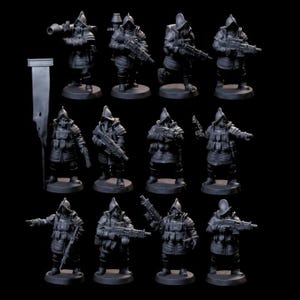 May include: A set of 12 gray plastic miniature figures of soldiers wearing helmets and holding weapons. The figures are standing on round bases.