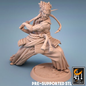 May include: A 3D printed miniature of a warrior with a long beard and braided hair, holding a sword in a fighting stance. The miniature is printed in a light brown colour and is pre-supported for easy printing.