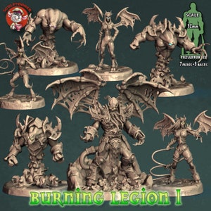 May include: Seven 32mm scale miniature figures of demonic creatures, including a winged demon, a horned demon, and a demon with a whip. The figures are posed in dynamic action poses and are ready for tabletop gaming or display. The figures are made of a gray plastic material and are unpainted.