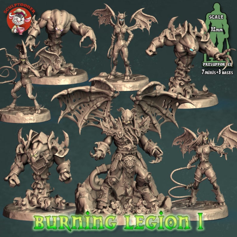 May include: Seven 32mm scale miniature figures of demonic creatures, including a winged demon, a horned demon, and a demon with a whip. The figures are posed in dynamic action poses and are ready for tabletop gaming or display. The figures are made of a gray plastic material and are unpainted.