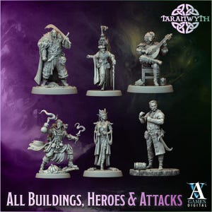 Może przedstawiać: Kolekcja szarych miniaturowych figurek przedstawiających postacie fantasy. Figurki obejmują wojownika z mieczem, czarodzieja, muzyka grającego na lutni, błazna, postać żeńską i mężczyznę z kuflem. Tekst "All Buildings, Heroes & Attacks" znajduje się na dole.