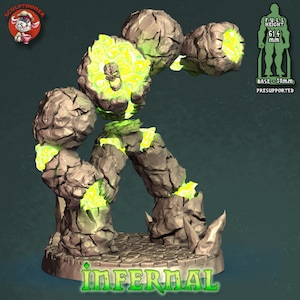 May include: A 3D printed miniature of a stone golem with glowing green energy emanating from its body. The miniature is pre-supported and stands on a 2-inch base. The text "Infernal" is printed on the base.