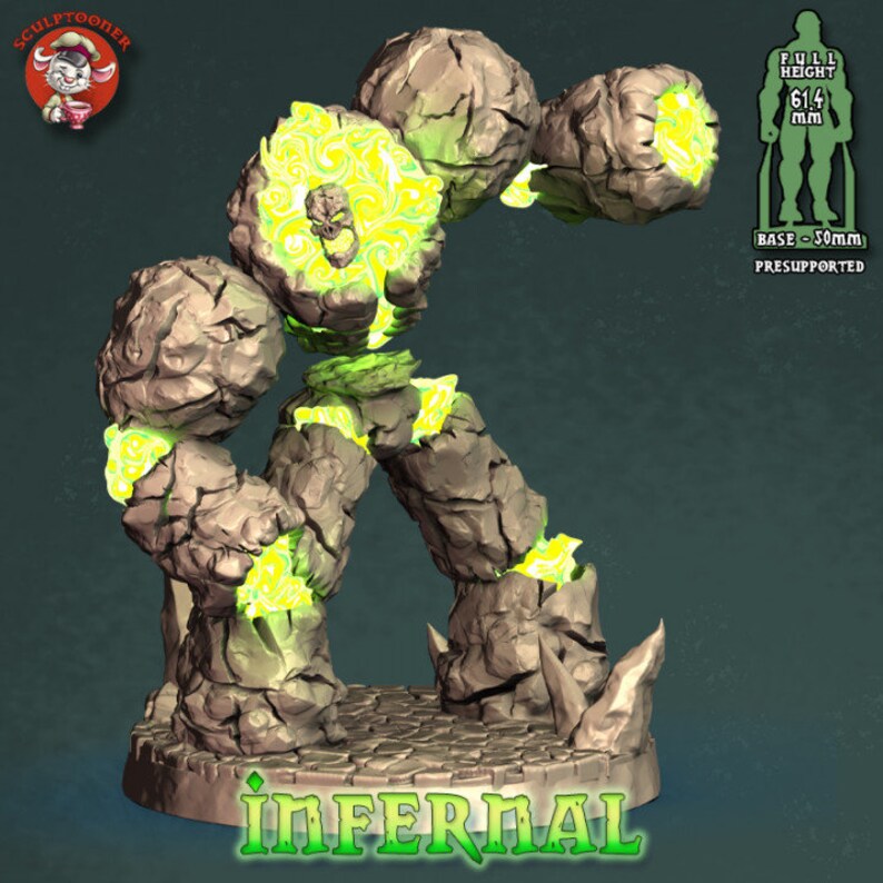 May include: A 3D printed miniature of a stone golem with glowing green energy emanating from its body. The miniature is pre-supported and stands on a 2-inch base. The text "Infernal" is printed on the base.