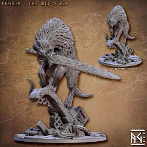 May include: A gray, detailed miniature of a wolf, standing on a broken stone base, holding a sword. The wolf has a fierce expression and is ready to attack. The miniature is part of a set called "Fenrir - The Old Wolf".