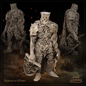 May include: A detailed, 30mm scale miniature of a Blightcarver, a monstrous creature with a skeletal, fleshy body, a helmet with holes, and a large, ornate shield. The miniature is made of gray plastic and is ready to be painted.