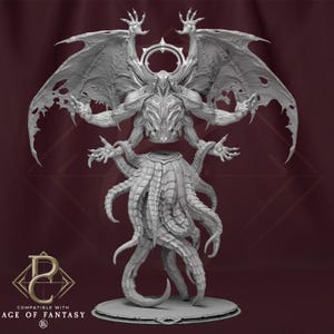May include: A detailed gray fantasy miniature figure with multiple arms, wings, and tentacles. The figure has a crown-like halo and is standing on a circular base. The figure is compatible with Age of Fantasy.
