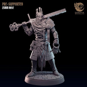 May include: A gray, pre-supported miniature of a figure wearing a crown, armor, and a cloak. The figure holds a key in one hand and a sword in the other. The figure is standing on a round base. The miniature is labeled "PRE-SUPPORTED 25MM BASE" and "GOETIA miniatures".
