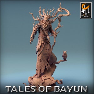 May include: A detailed, 3D printed miniature of a tree-like creature with a long beard, holding a staff and standing on a base with roots. A small owl is perched on a branch to the right of the figure. The miniature is painted in a light brown colour. The text "Tales of Bayun" is printed below the figure.