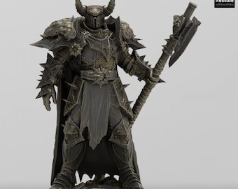 May include: A detailed miniature figure of a warrior wearing black and gold armor with a horned helmet and holding a spiked axe. The figure is standing on a base with the text "Unchained Volume II".