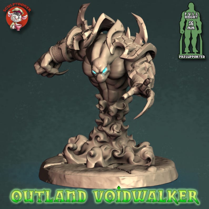 May include: A 3D printed miniature of a voidwalker, a creature from the Outland, with a swirling cloud base and glowing blue eyes. The miniature is 56 mm tall and is pre-supported for easy printing.