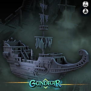Può includere: Un modello dettagliato di una nave in legno grigio e consumato con vele stracciate. La nave ha un ponte rialzato, una poppa curva e un solo albero con un nido di corvo. La nave è etichettata "Gundbar".