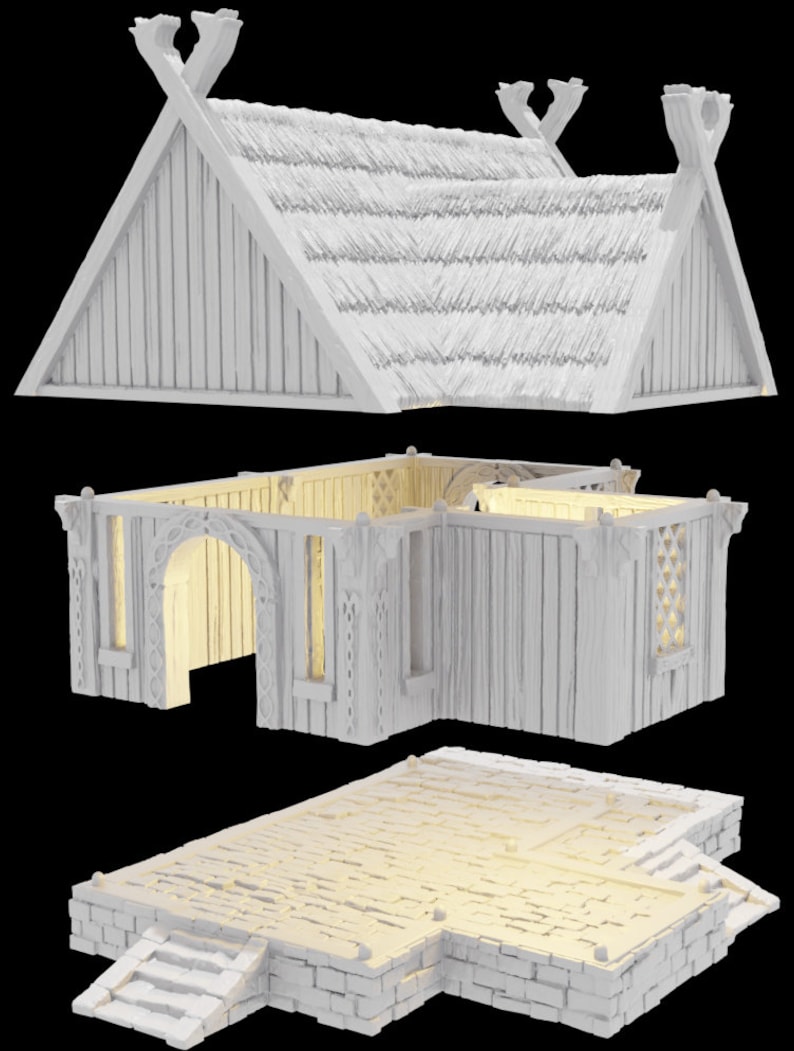 Op de afbeelding: Een wit, driedelig, miniatuurmodel van een Viking-lang huis met een rieten dak, houten muren en een stenen fundering. Het model is gedemonteerd, waardoor de afzonderlijke onderdelen zichtbaar zijn.