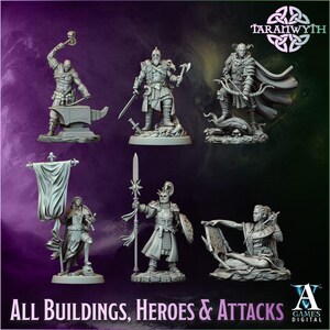May include: A promotional image showcasing several grey miniature figurines of fantasy characters. The figurines include a blacksmith, warriors, and archers. The text "TARANWYTH" and "ALL BUILDINGS, HEROES & ATTACKS" are also visible.