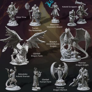 May include: A collection of miniature figurines depicting characters from a fantasy role-playing game. The figures are made of grey plastic and are posed in various action poses. The figures include a dragon, a knight, a wizard, a kobold, and a human.