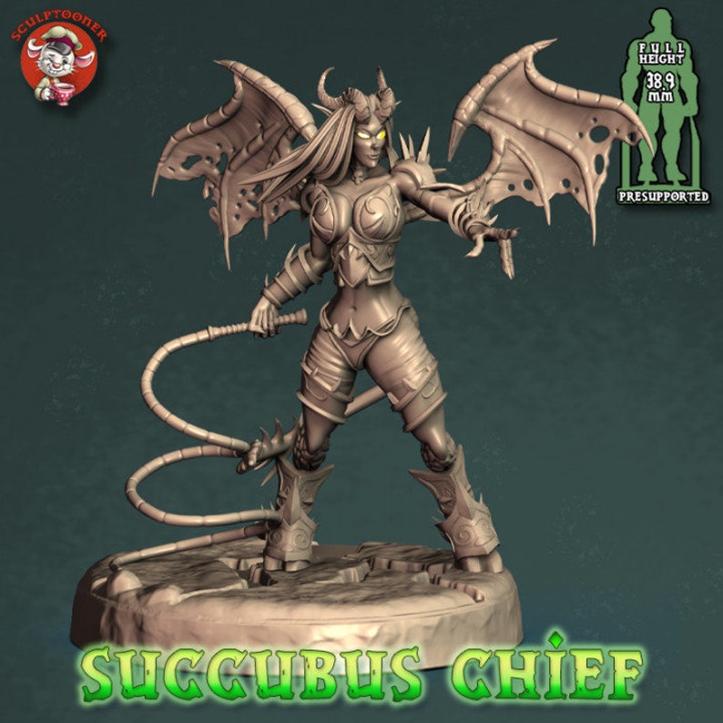 May include: A gray 3D printed miniature of a female demon with wings, horns, and a whip. The miniature is standing on a round base and is labeled "Succubus Chief". The miniature is 38.9 mm tall and is presupported.