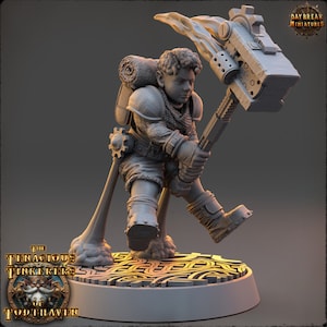 May include: A gray painted miniature figurine of a dwarf wielding a large, mechanical hammer. The dwarf is wearing armor and a backpack. The base of the miniature is decorated with a circular pattern.