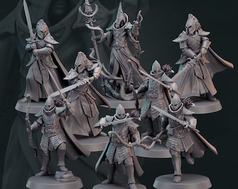 May include: A set of eight grey painted miniature figures, including a hooded figure with a staff, a hooded figure with a sword, and six figures with bows and arrows. The figures are posed in a variety of action poses. The figures are all painted in a grey color and have a matte finish. The figures are all standing on a black base.