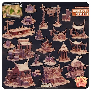 DnD Medieval market for Dungeons and Dragons, Summer faire darkmoon faire stores cart scatter terrain Heroquest TTRPG Hobbit vendor shops