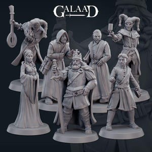 May include: A set of seven miniature figures, painted in gray, depicting characters from a fantasy story. The figures are posed in various stances, holding weapons and accessories. The figures are arranged on a black background with the word "GALAAD" in white letters.