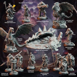 May include: A set of 10 miniature figurines depicting characters from a fantasy role-playing game. The figures are made of grey plastic and are posed in various action poses. The figures are arranged on a circular base with a dragon skull in the center. The figures include a dragonborn rogue, a dragonborn ranger, a dragon commander, a cleric of the moon, a knight of the dragon, a paladin of the beacon, a hunter of dragons, an ascended dragon warlock, the red tyrant, and an ancient fey dragon.